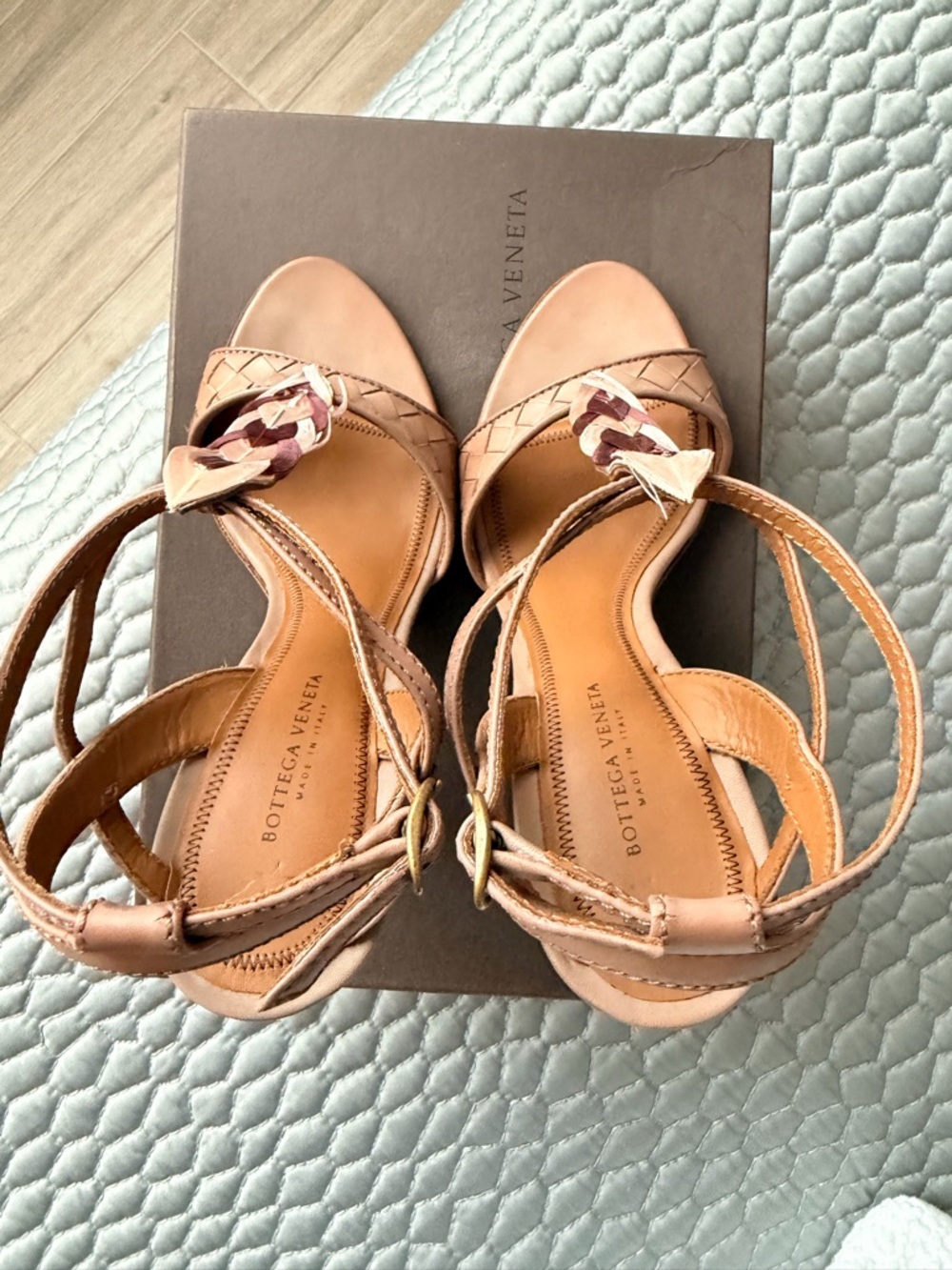 Bottega Veneta Tan and Burgundy Braided T-Strap Heels - Picture 6 of 7